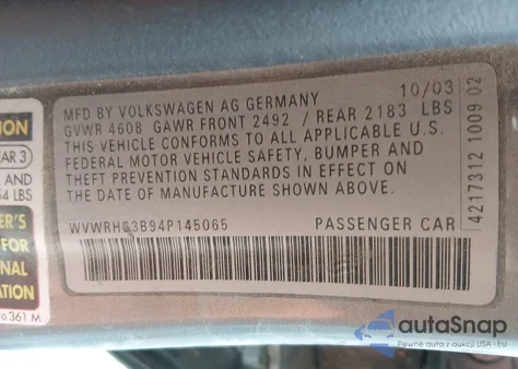 2004 Volkswagen Passat Glx z USA, uszkodzony, nr VIN WVWRH63B94P145065